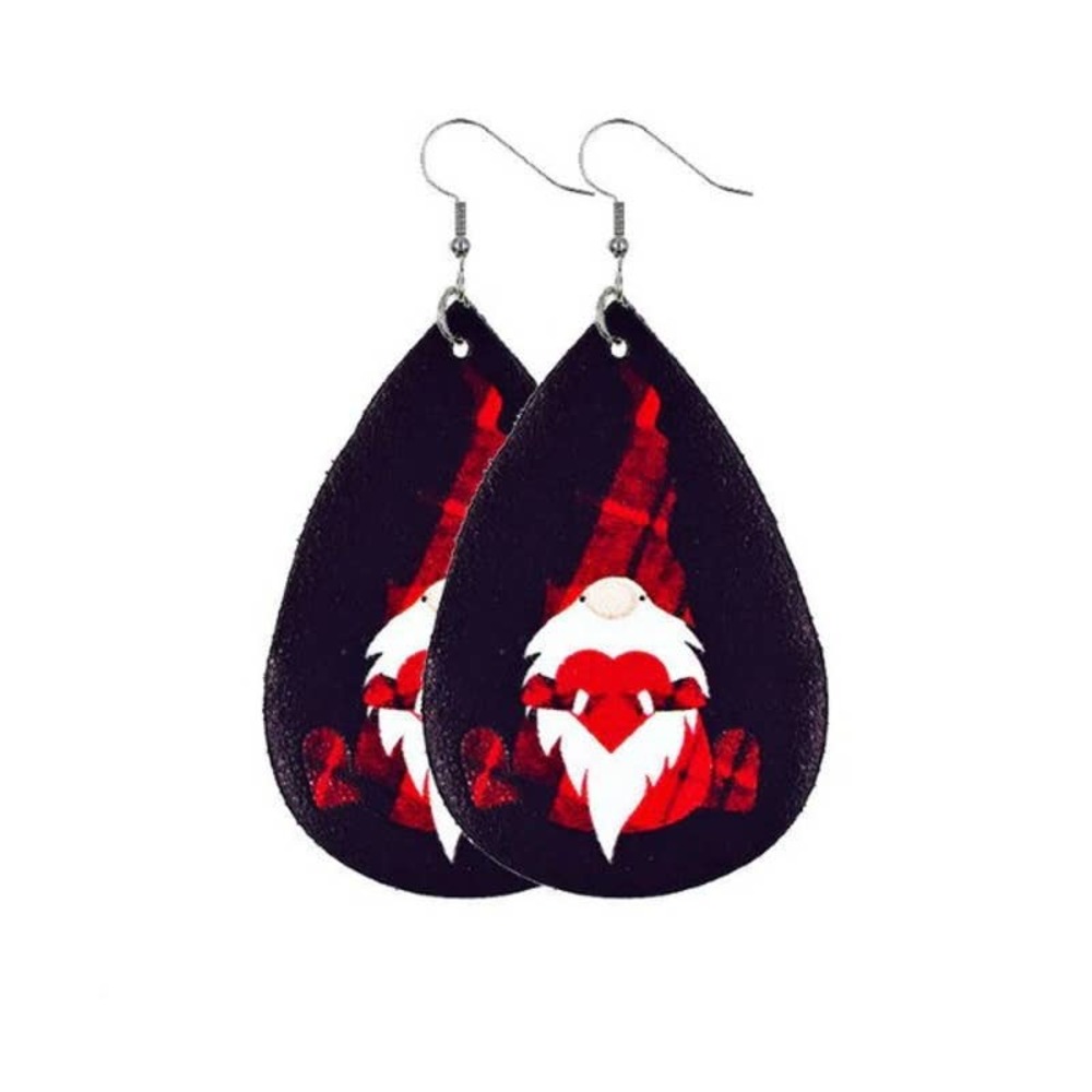 Gnome with Red Heart Valentine or Christmas Vegan Leather Teardrop‎ Earrings